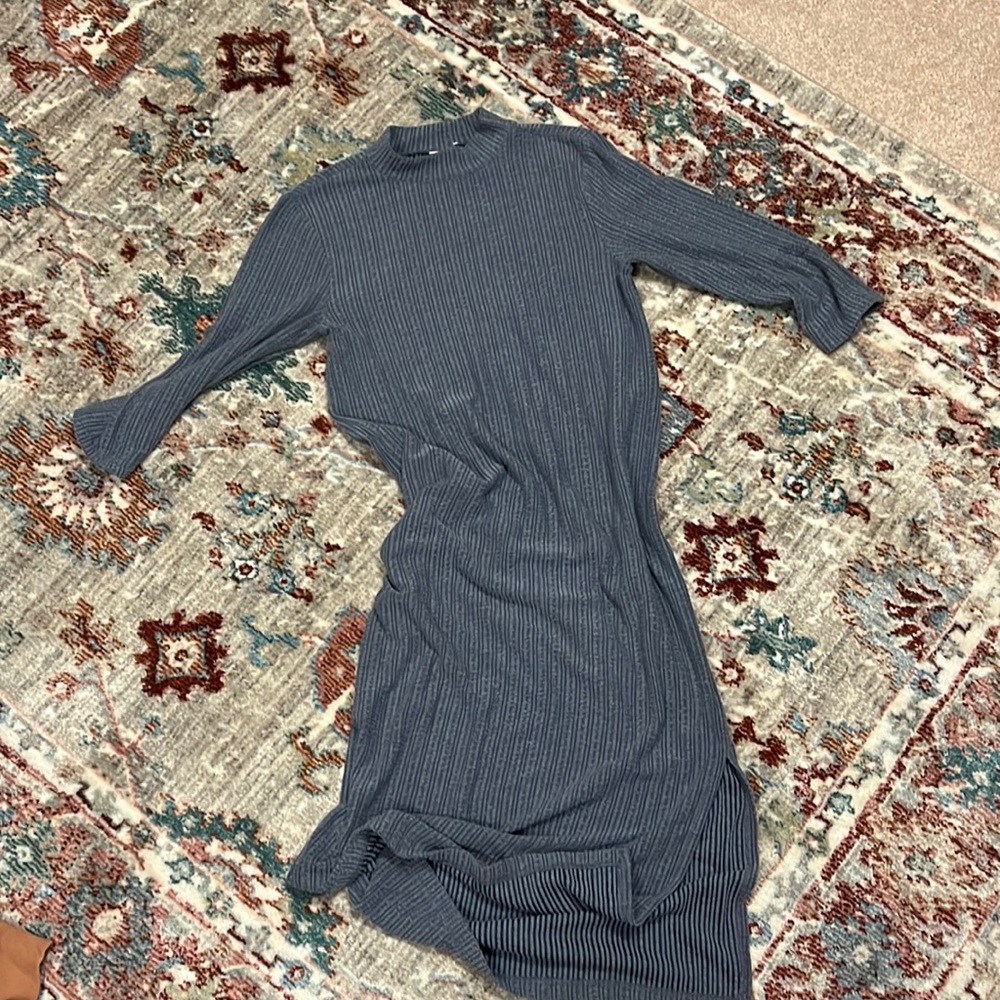 Dusty blue mock neck, ribbed midi dress
